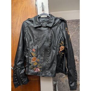 Embroidered Studded Moto Faux Leather Jacket Women's Large Sugarlips